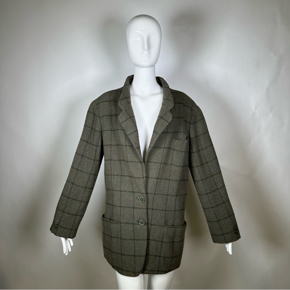 80’s Krizia Blazer Wool Blend Lapel Collar 2 Button Long Sleeve Plaid Green 46